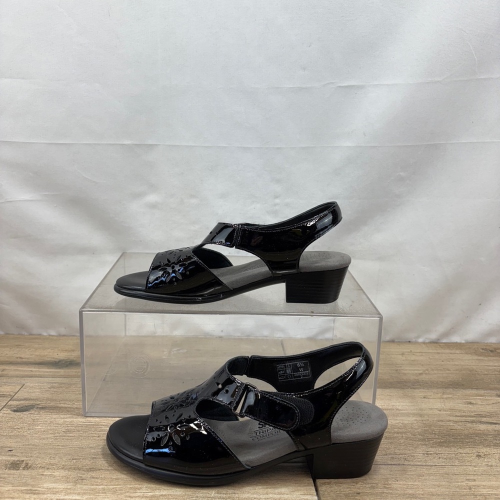 SAS 6.5 W Sunburst Patent Leather Black Heel Strap Sandal New with box. - Picture 3 of 10